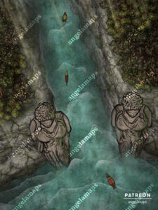 Giants Pass - epic statues by a river battle map for ttrpgs