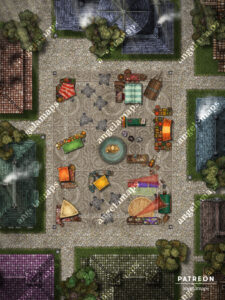 City marketplace battle map for ttrpgs