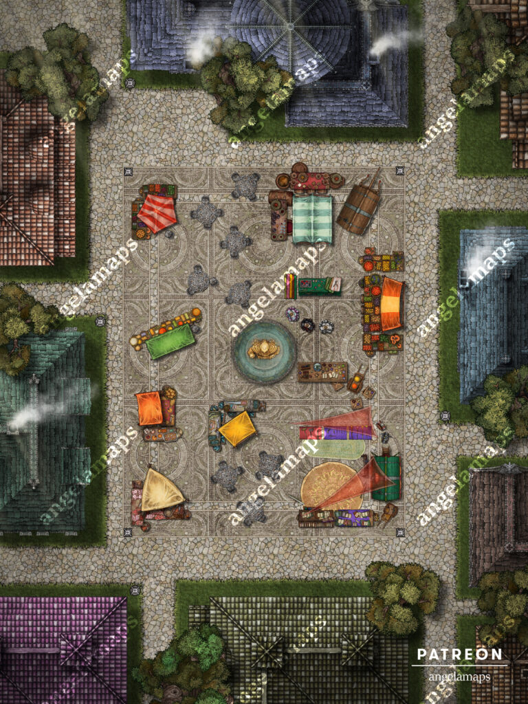 City marketplace battle map for ttrpgs