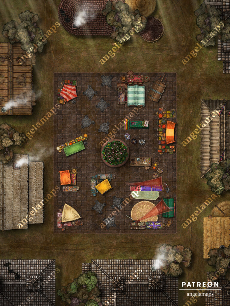 Village marketplace battle map in the poorer part of town for TTRPGs