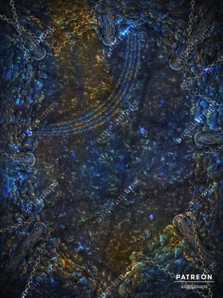 Obsidian chamber in a cave filled with creepy chains battle map