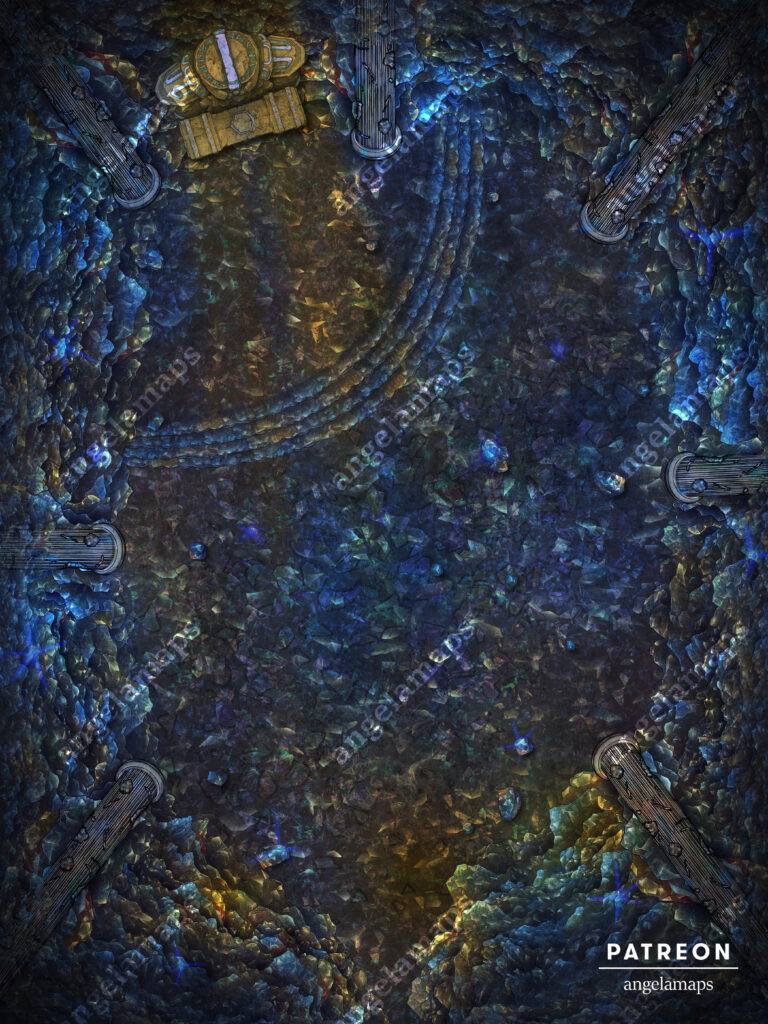 Obsidian chamber in a cave with a dwarven statue map