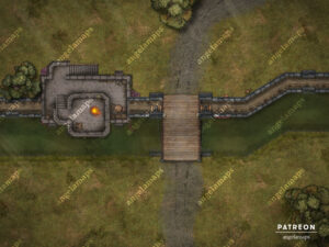 Battle map with drawbridge down and brazier lit by a moat and wall crossing