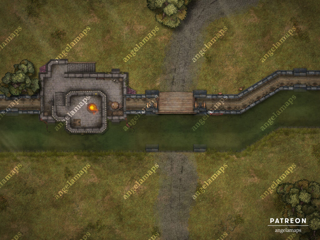 Battle map with drawbridge up and brazier lit by a moat and wall crossing