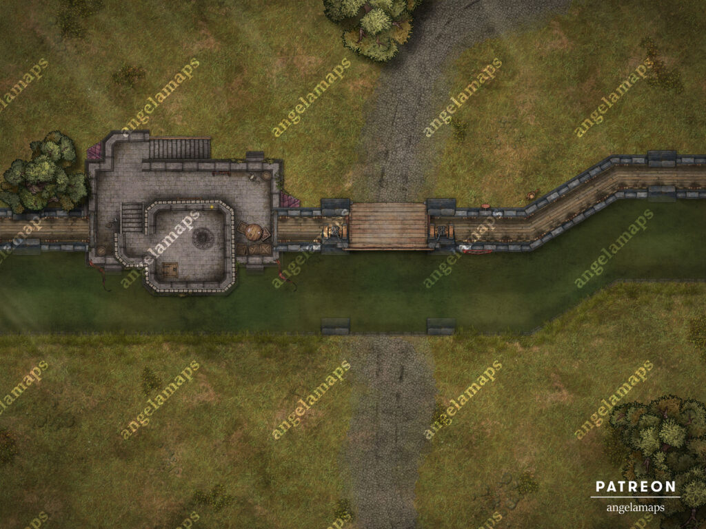 Battle map with drawbridge up and brazier unlit by a moat and wall crossing