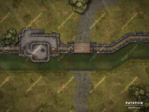 Battle map with drawbridge up and brazier unlit by a moat and wall crossing
