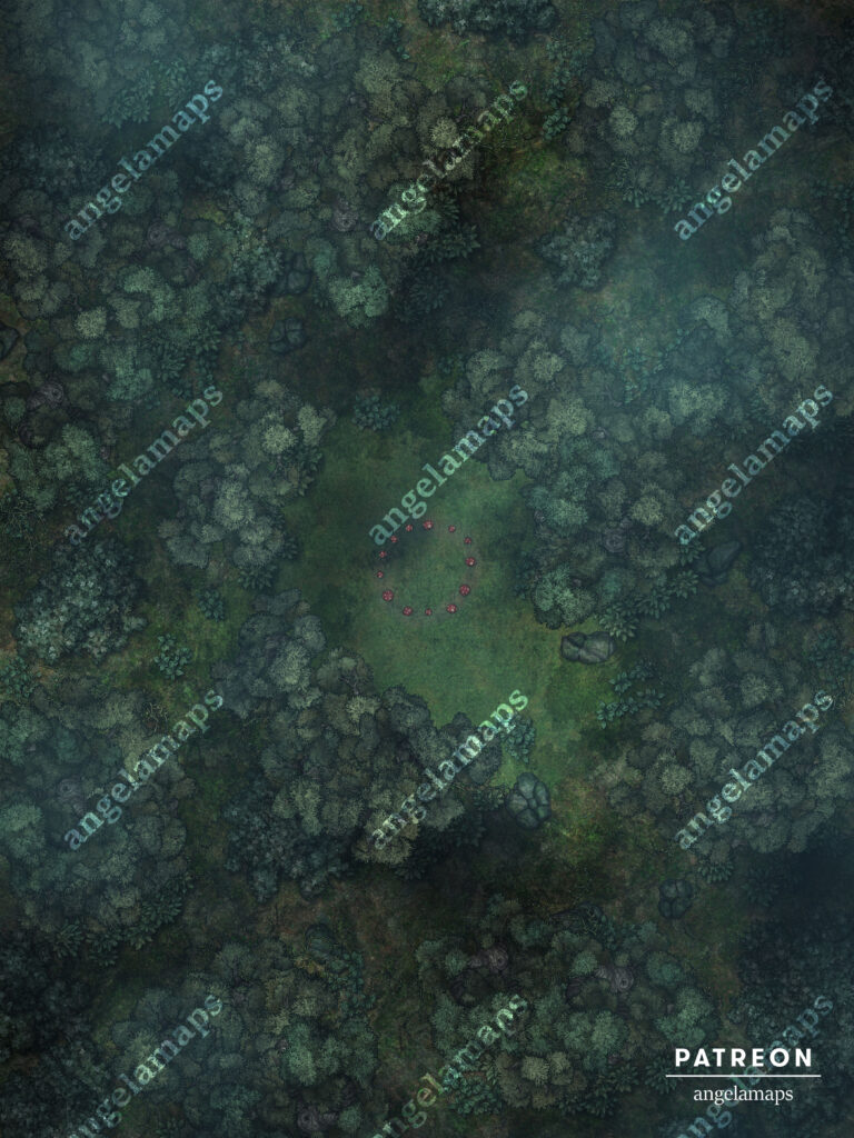 Mysterious mushroom circle in the middle of a creepy forest battle map