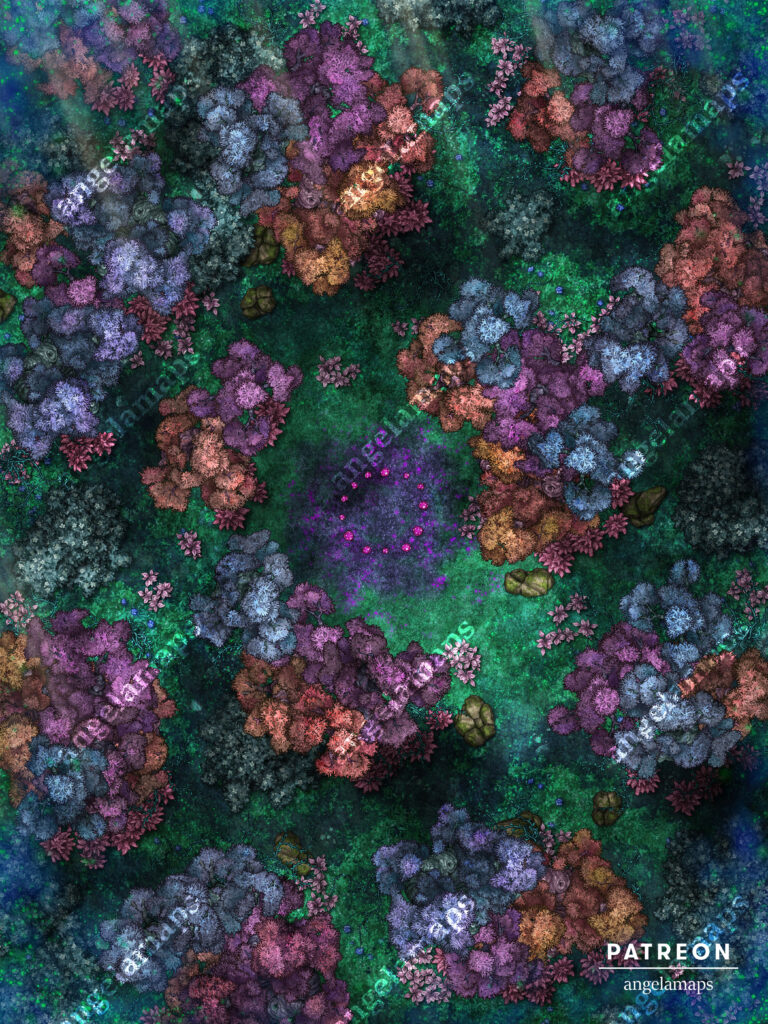 Mysterious mushroom circle in the middle of a fey forest battle map