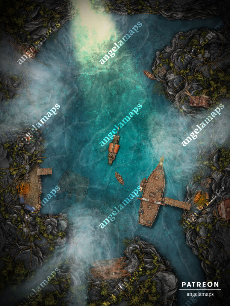 Cave full of pirate ships, animated cove battle map