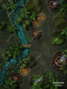 Trible village in a jungle next to a river at night with a human sacrifice battle map