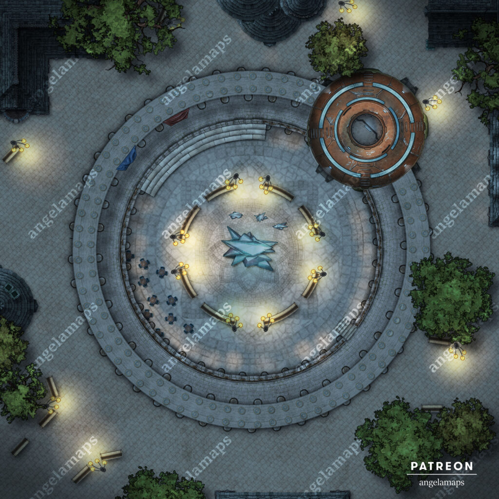 Rebelion Plaza at night battle map for protests, riots, and battles in TTRPGs