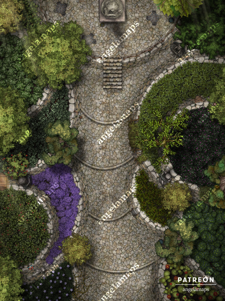 Beautiful tiered garden battle map setting for ttrpgs