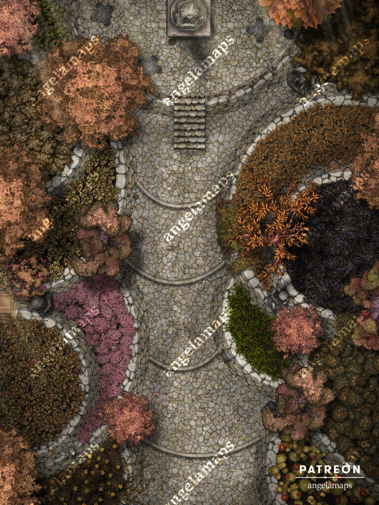 Beautiful tiered garden battle map setting for ttrpgs. Autumn version