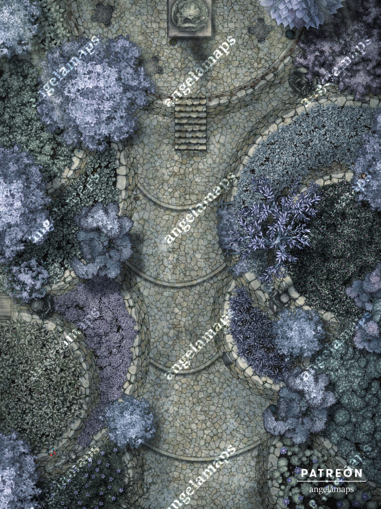 Beautiful tiered garden battle map setting for ttrpgs. Winter version