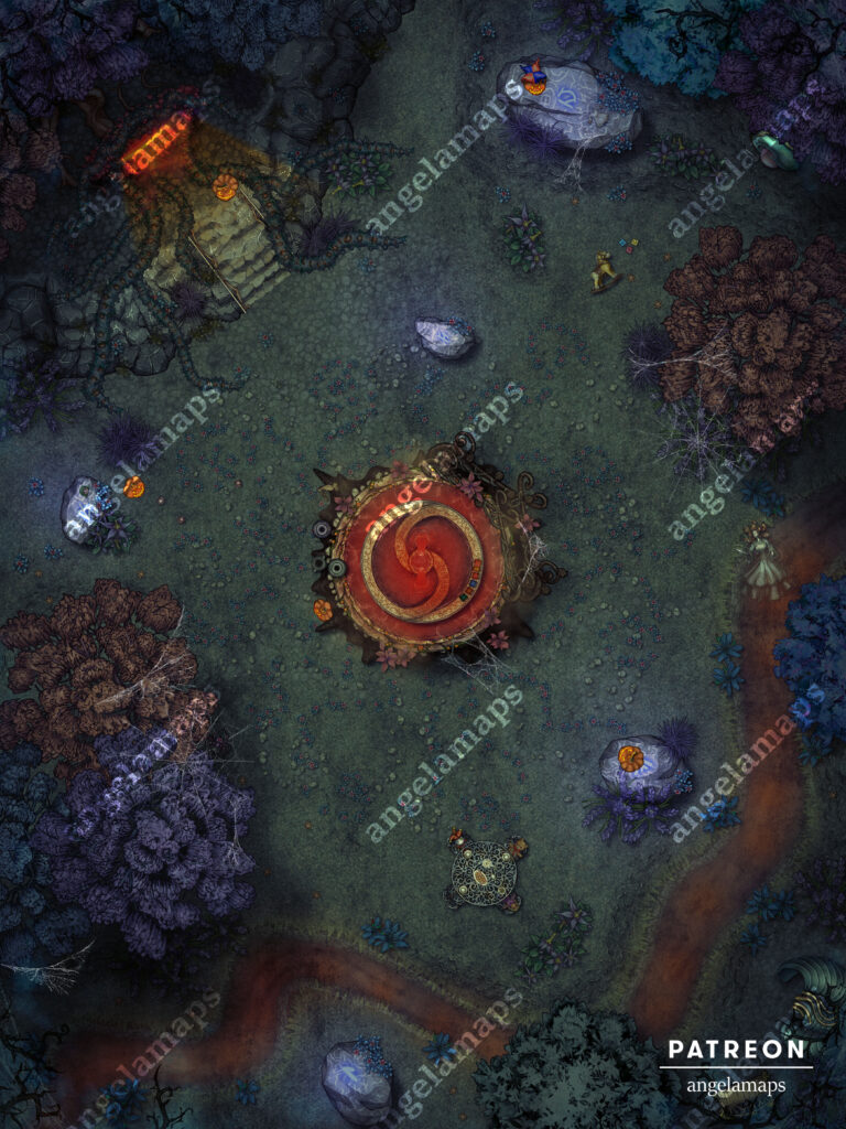 A scary dark battle map with a blood river and a portal somewhere. Halloween version with jack-o-lanterns