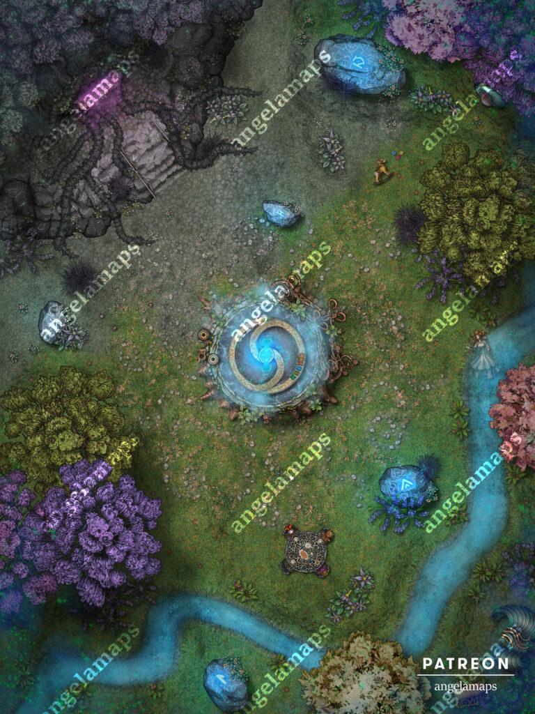 Beautiful fey or elven scene with a portal and darkness creeping through battle map
