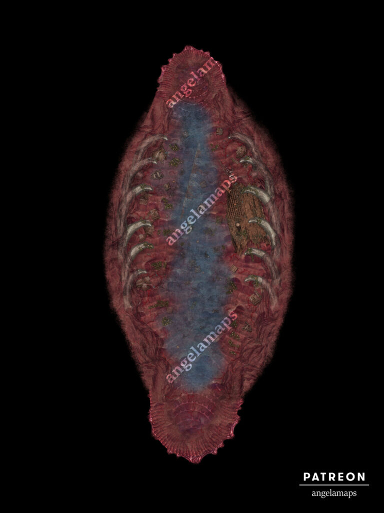 Battle map for TTRPGs inside the belly of a whale or large beast