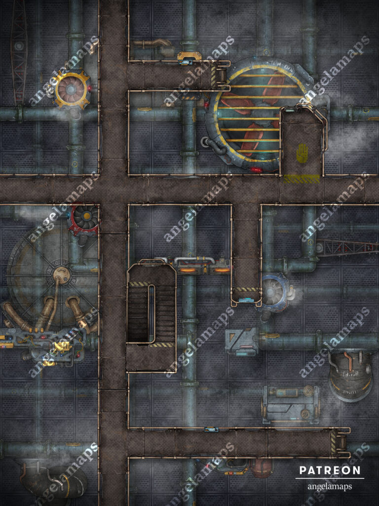 Modern, cyberpunk or sci-fi animated factory catwalk battle map