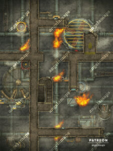 Modern, cyberpunk or sci-fi animated factory catwalk battle map fiery edition