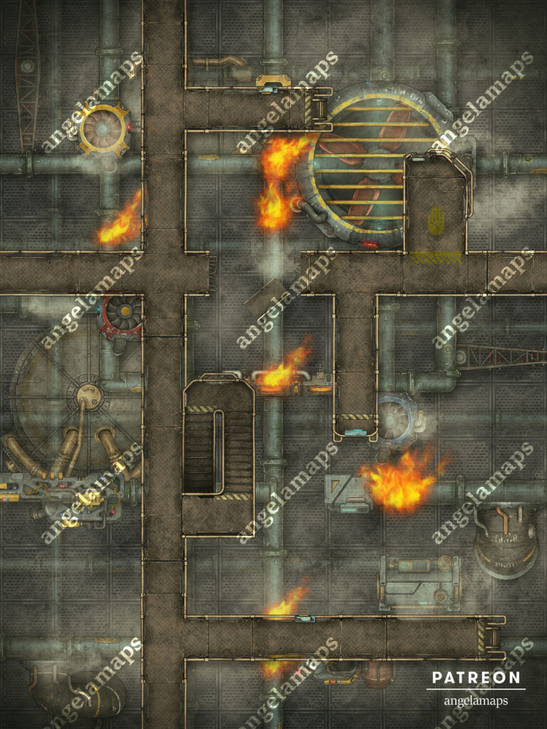 Modern, cyberpunk or sci-fi animated factory catwalk battle map fiery edition