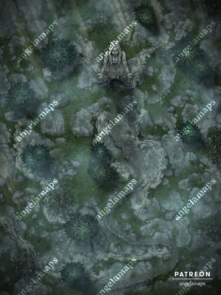 Large statue of a goddess on a mountain animated battle map for FVTT