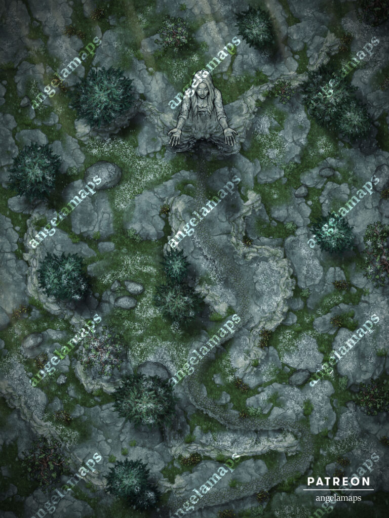 Large statue of a goddess on a mountain animated battle map for FVTT