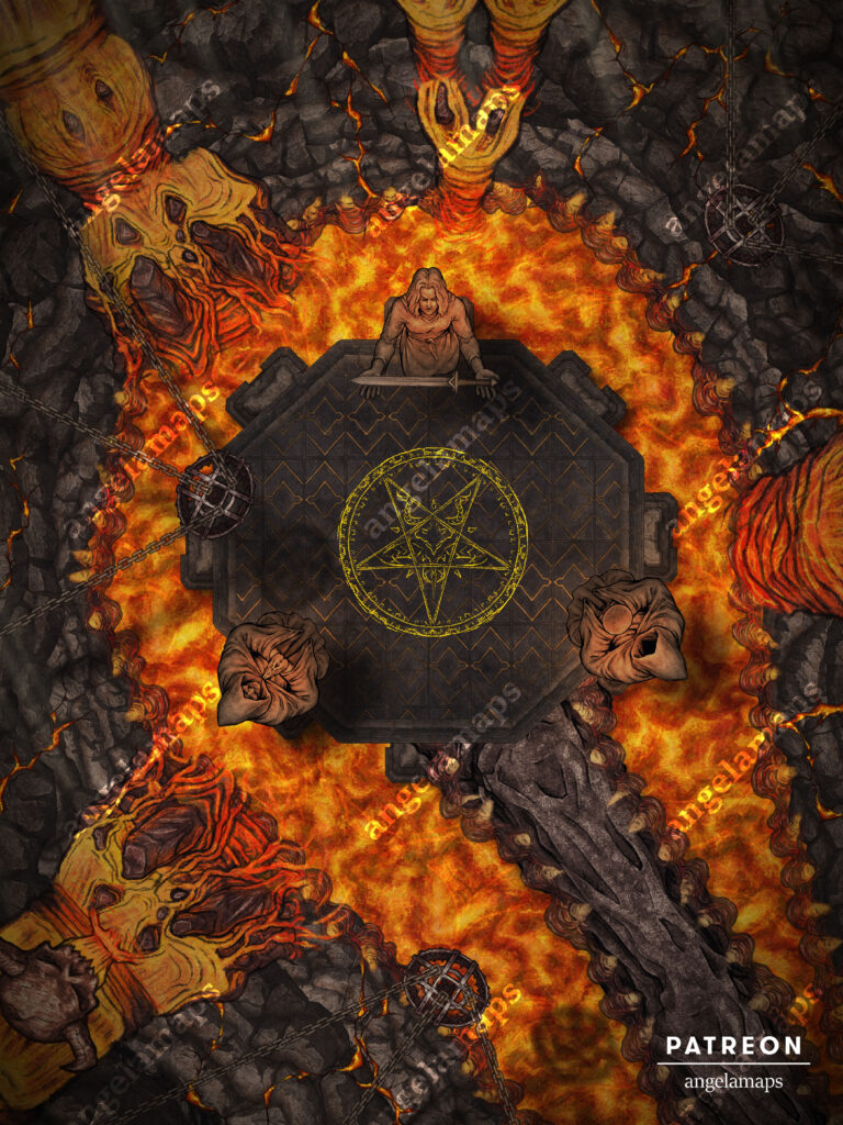 Three statues around a ritual surrounded by lava and fire - animated battle map