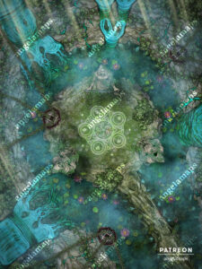 Three statues around a ritual surrounded by water and plant life - animated battle map