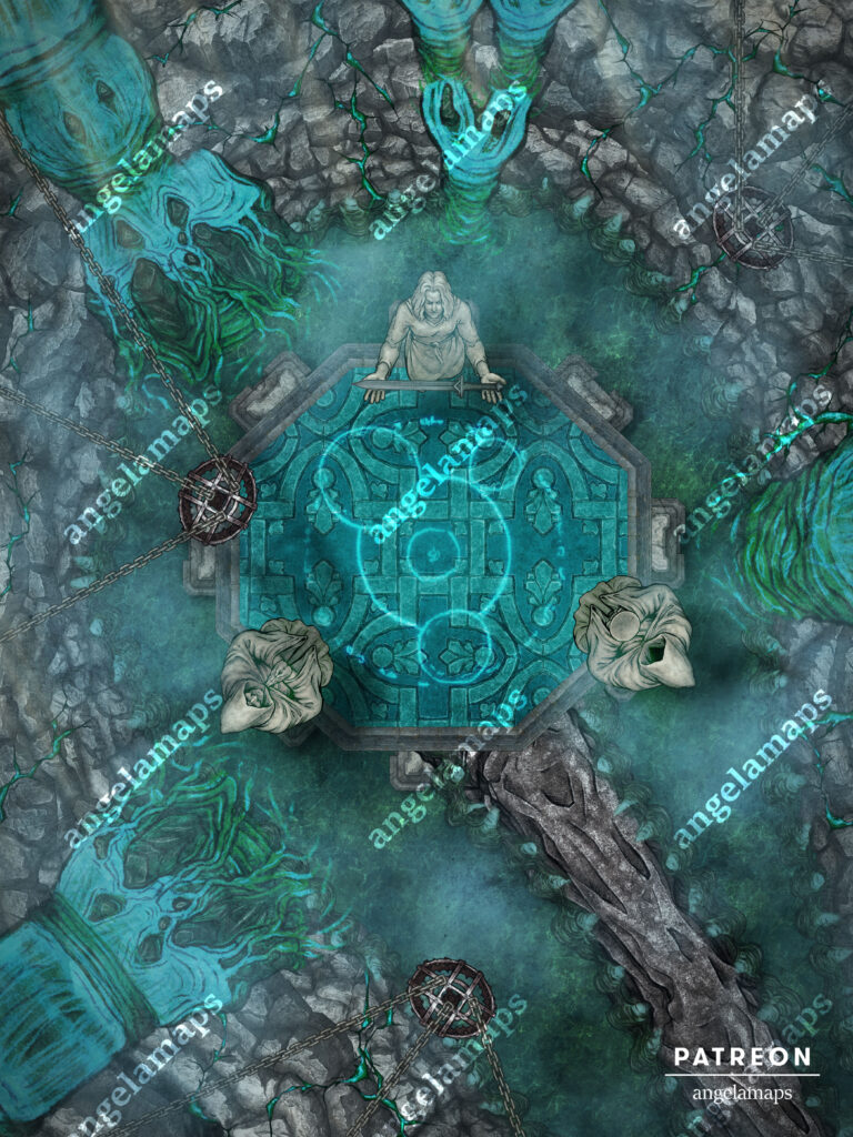 Three statues around a ritual surrounded by water - animated battle map